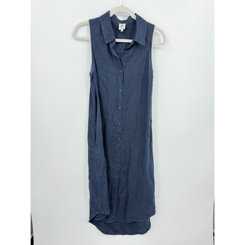 Crown Linen Designs Sleeveless Linen Shirt Dress Womens Small Navy Blue Pockets